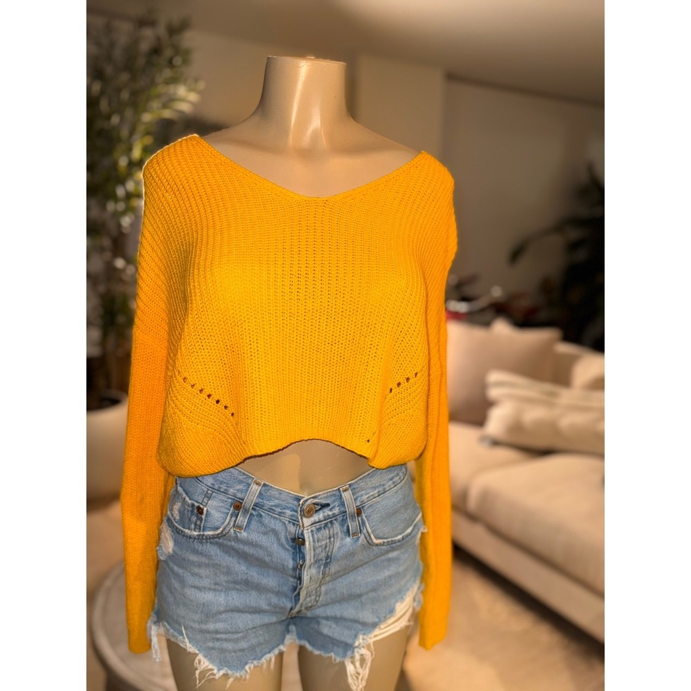 Wild Fable Yellow Cropped Sweater M Open Knit‎ Cotton Blend Beachy Cozy